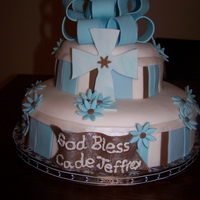 Baby Boy Baptism 10 inch and 6 inch tiers. Chocolate cake with chocolate fudge filling. Fondant covered with Fondant/Gumpaste accents.