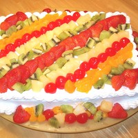 Fruity Cake this is a 9x13 cake, covered in fluffy buttercream icing, then fresh fruit is spread across the top and sides, shell boarders complete the...