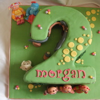 In The Night Garden number 2 cake hand carved from a 10" square chocolate cake. filled with chocolate BC.covered in fondant. all figures etc are handmade...
