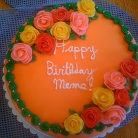 Rose Cake This was a cake I helped make for my friend's grandma. The roses are fondant, cake covered in peach fondant. My friend wrote on the...