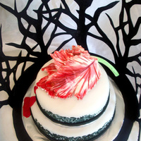 New Moon Cake New Moon-themed cake. Piping on vanilla fondant. Ruffled tulip made of gum paste and hand-painted. Red velvet with cream cheese icing....