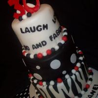 30Th Birthday.. Black White N Red Stacked cake. All fondant. Gumpaste topper. A few dings here and there but overall pleased with it. I want to get the fondant PERFECTLY...