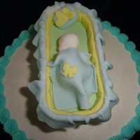 Now I Lay Me Down To Sleep Two tier, 10 & 8, all BC - fondant accents, bottom tier says "now i lay me down to sleep", topper hand made basinet, rice...