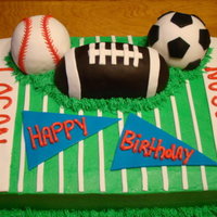 Sports Cake French vanilla cake with bc. Fondant accents and Rice Krispie sports balls covered in fondant. TFL!