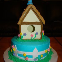 Birdhouse Cake Coconut cake with coconut bc frosting. Birdhouse made from gumpast. Made this for my grandmother's birthday.