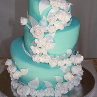 Tiffany Wedding Cake Topsy Turvy 3 Tier Cake - Tiffany inspired Colors - Cascading Fondant Roses - Blue