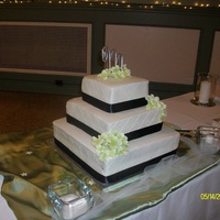 First Wedding Cake From Home all bc frosting with ribbon and hydrangea flower accents first time using an impression mat and thanks everyone that responded to the...
