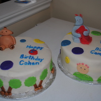 In The Night Garden Cakes WASC with MMF, cookies and cream filling. Cakes made for brothers celebrating their birthdays together.