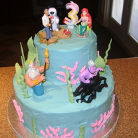 Little Mermaid Birthday From scratch "Black Forest Cake", tinted whipping cream, store bought figurines. I know, store bought is kind of cheating...but...