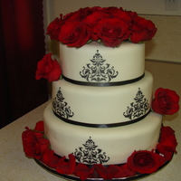 Black And White Wedding Cake This is my 2nd Wedding cake i have made. It is red Velvet with cream cheese frosting and mmf. It is also my first stencil and it was alot...