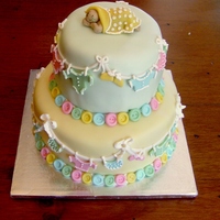 Baby Shower Cake Used Wilton People Fondant Cutter to make baby cloths our of fondant. Detail work is done with royal icing. Buttons and sleeping baby...