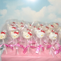 Hello Kitty Cake Pops These are Hello Kitty cake pops - chocolate fudge brownie cake inside with white wilton candy melts outside. Fun to make!
