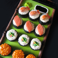 Sushi Mini Cakes Made these sushi mini cakes for my best friends birthday. All the elements are made with fondant, piping gel, sprinkles, and cake! :)