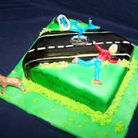 "deer Lonnie, Have A Smashing Birthday!" This was made for a guy who hit a deer while riding his bicycle on his birthday. It was a red velvet cake with MMF and gumpaste figures.