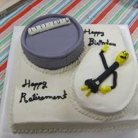 Retirement - Electric Lineman Electric Meter and "Willie the Wire Hand" decorations on a retirement / birthday cake. Base cake was 14" square with 8"...