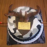 Camo Hunter's Cake Winter buttercream camo with deer horns and an arrow through the cake. For a co-worker's son's birthday. Took his first deer with...