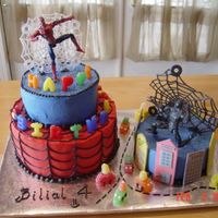 Spider Man This cake is for a 4 yr old boy's birthday party. Buttercream with fondant accents. Both spider webs are wired at the back so it can...