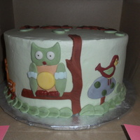 Baby Shower Cake With An Owl, Deer, And Bird This was a baby shower cake I did to match the nursery theme. Triple Chocolate Cake with BC filling and BC with fondant accents.