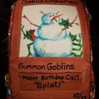 Goblin Snowball Fight Cake This cake is designed after the birthday boy's favorite Magic card - Goblin Snowmen. I painted the card's graphic onto fondant.