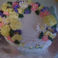 Class 2 Final Cake oval cake with color flow birds, flowers made with royal icing, buttercream basketweave; and bees made from royal icing. The bees were not...