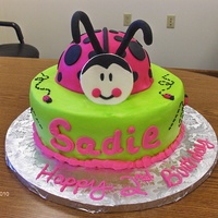 Ladybug Birthday Green buttercream. Pink/Black on Ladybug are fondant. Fondant antennas and face.