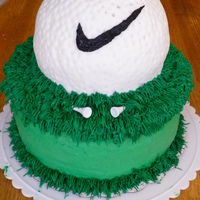 Golf Birthday Cake Used sports ball pan for golf ball, covered in fondant. 9 inch bottom layer with buttercream. Thanks for all the ideas!