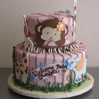 Colorful Baby Shower Cake With Animals This was a two tiered cake for about 50 people. The theme is based off the bedding that mommy and daddy picked to welcome baby Charlotte!...