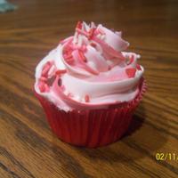 Valentine's Cupcakes buttercream frosting with pink stripe, wilton heart sprinkles & vanilla cake dyed red