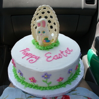 Easter Cake 2010 Chocolate cake with buttercream frosting. Gumpaste egg, and white chocolate easter bunny (not homemade).