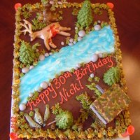 Hunting Themed Birthday Cake From scratch yellow cake with double chocolate filling and frosting. Fondant and gumpaste accents are the hunting blind, deer, fish,...
