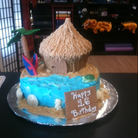 Tiki Hut Birthday Cake This was for my son's birthday. Shells and turtles are made out of chocolate, palm tree, surf board, wooden sign, and door are made of...