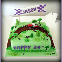 Off-Road Buggy Racing Off-road buggy racing theme cake. 9 inch dark chocolate mud cake with milk chocolate ganache filling, iced and decorated in fondant with...