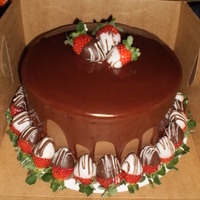 Triple Chocolate Cake With Chocolate Covered Strawberries Chacolate cake with chocolate buttercream with chocolate ganache ( i cheat and use canned fudge frosting heated in the microwave) drizzle,...