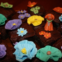In A Field Of Spring Flowers Gumpaste flowers and gumpaste dog on top of chocolate cupcakes.