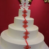 Double Happiness Wedding Cake 4 tier chinese themed wedding cake for my aunt lisa's wedding 4/17/10 the cake tiers are covered in white vanilla fondant, the double...