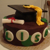 Small Graduation Cake This is a dark chocolate fudge cake with cookies and cream filling, iced in dark chocolate ganache. The mortarboard is RKT covered in MMF....
