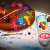 Painters Pallet The pallet cake is all red velvet cake and the spray can is lemon cake ; )