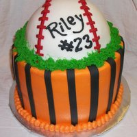 Baseball Birthday Cake Made for my nephew's 8th birthday. The colors and number are from his baseball uniform. Cake is white & chocolate marble, frosted...