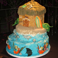 Beach Wedding My first wedding cake! 16"base, 12" middle, 7" square hut. Chocolate with vanilla butter cream. Frosted in buttercream and...