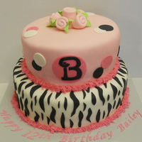 Zebra Birthday Cake Fondant covered tiered cake (10" & 8" tiers).
