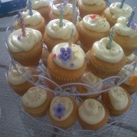 Birthday Cuppy Cakes Lemon cupcakes,ras filling and lemon frosting with fondant flowers.