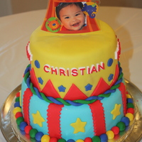 Carnival Birthday Cake My first everything. First fondant covered. First 2-tier round. First one for a party.2-tiers of Chocolate Cake with Chocolate Buttercream...