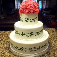 Floral Wedding Cake my first wedding cake, 6-10-14inch rounds all dummies as i did this for practice/advertising purpose, red gumpaste roses, hand painted...
