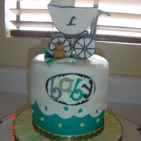 Stroller And Teal Baby Shower Cake 
