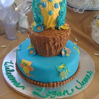 Welcome Logan! All white cakeChocolate mousse fillingFinished with chocolate buttercream and fondantOwl shaped from cereal treats and royal frostingOwls...