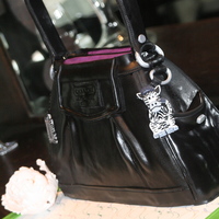 Melissa's 30Th Black Leather Coach Purse Life Size, Black leather coach purse cake. Complete with hand made keychains, and tags. Handles from Modeling chocolate and fondant.