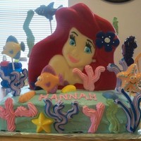 Ariel This was made for my daughter's 3rd birthday. There is about 4 lbs of chocolate between the statue, shells and all the sea creatures....