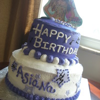 Hannah Montana This is a cake I made for a girl's 13th bday. 6 & 9" round strawberry cakes filled & iced w/vanilla bc. MMF star &...