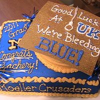 Blue & Gold Graduation Cake 11 X 15 vanilla sheet cake filled and frosted with vanilla bc. 9" round chocolate cake filled w/choc. bc and frosted with vanilla bc....