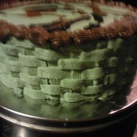 Camo//basketweave Cake First try at camo cake using melvira method, and basketweave. obviously I still need a good sturdy buttercream recipe.